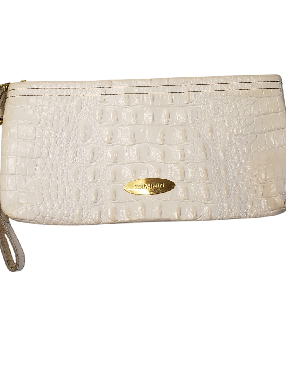 Brahmin Ivory Croc-Embossed Wristlet with Gold Plaque